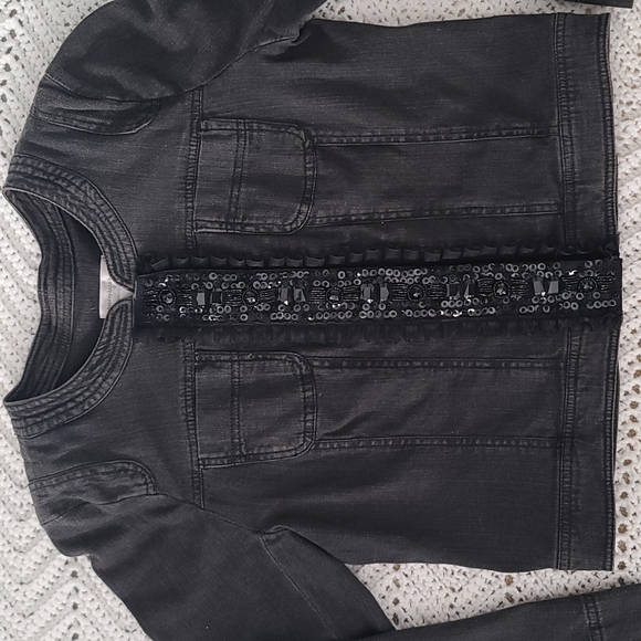 Faded black gray denim jacket with sequins and ribbon detail size medium - Picture 2 of 9